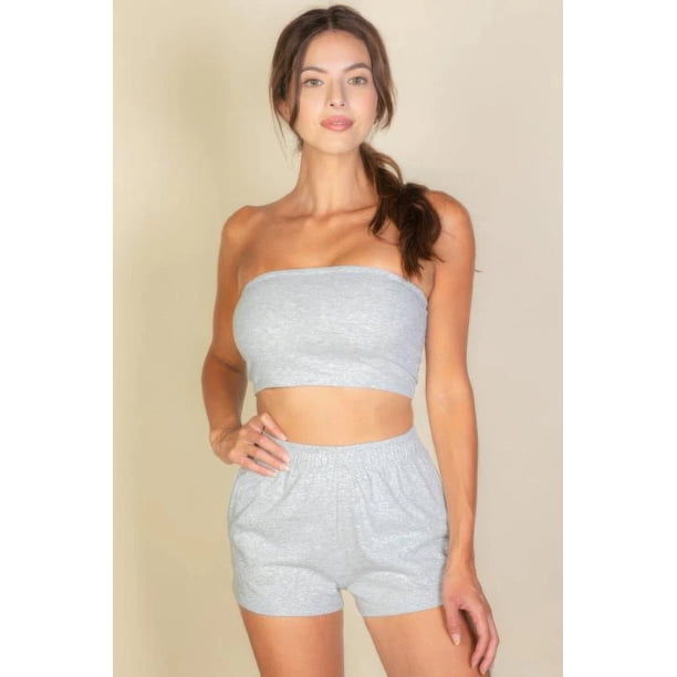 Saronite Conjunto de 2 Piezas de Top y Shorts sin Tirantes de Algodón Elástico de Color Liso, Gris Jaspeado (para Mujer)