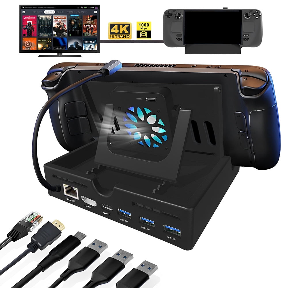 Genérico - Estación De Acoplamiento 6 En 1 Para Steam Deck Con Hdmi 2.0 4k@60hz Ethernet Gigabit Carga Pd De 100w 5 Usb 3.0 Sd/tf Doble Ventiladores