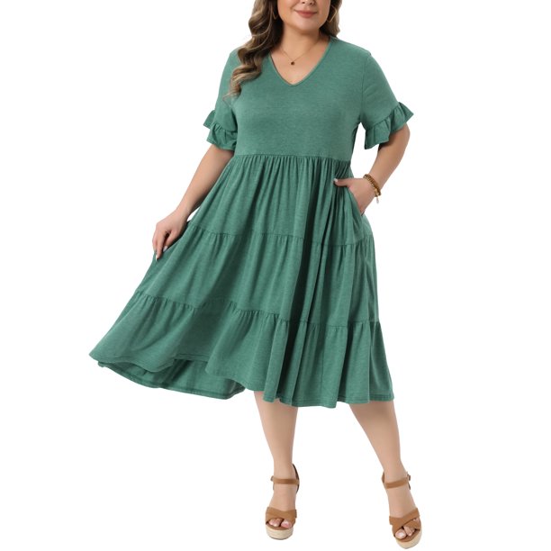 Vestidos Babydoll de Talla Grande para Escuela y Universidad de Agnes Orinda para Mujer, Escote en V, Manga con Volantes, Vestido de Verano con Vuelo y Bolsillos 4X Verde