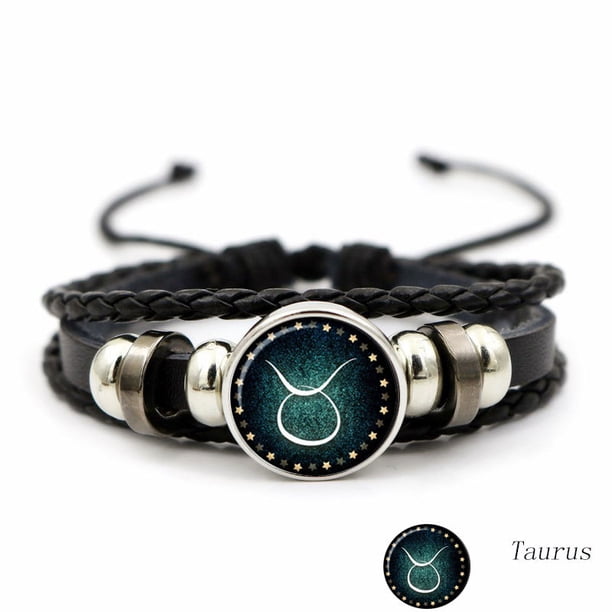 Luminous Twelve Constellation Artificial Gemstone Bracelet ,Beaded Rope PU Leather 12 Constellation Woven Bracelet