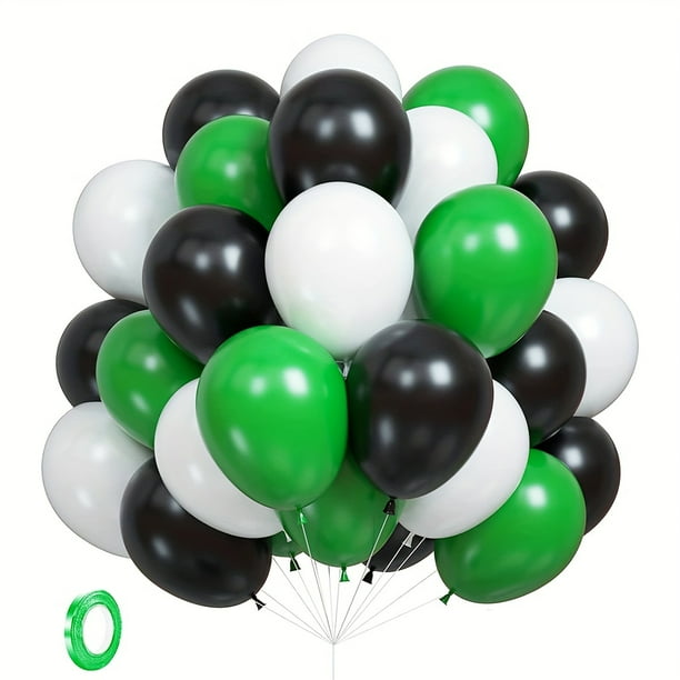 61pcs, 12inch Green Balloons Black Balloons, White Balloons, With Green Ribbons 33FT For Soccer Ball Football Video Game Birthday Party Decor, Safari Jungle Party Baby Shower Wedding Party Supplies, P
