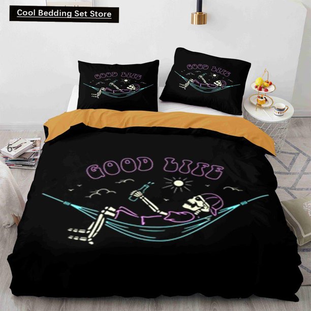 x2019 Bed SheetsSugar Skull Duvet Cover Funny Skeleton Halloween Bedding Set Gothic Spooky Bone Quilt Cover Polyester Comforter Cover 3-Piece Bedding Set (1 Duvet Cover + 2 Pillow Shams) nj2019