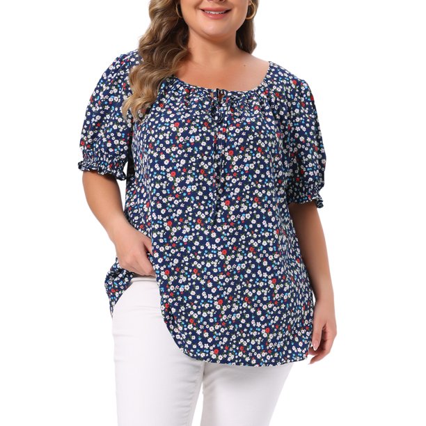 Agnes Orinda Blusas Casuales de Verano para Mujer de Talla Grande con Estampado Floral, Cuello Redondo con Lazo, Manga Corta con Volantes, Talla 2X Azul Oscuro