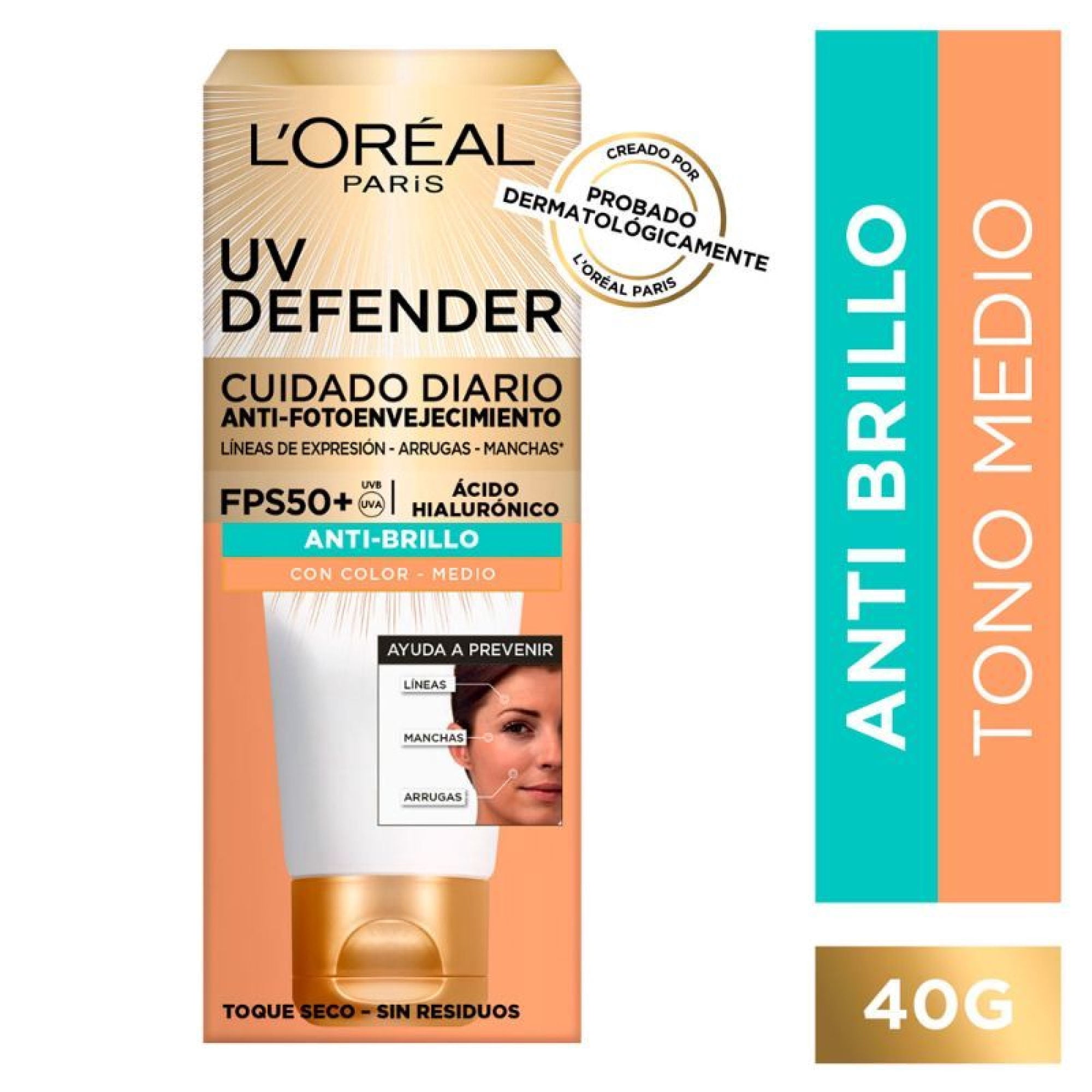 Crema Facial L'oreal Paris Uv Defender Piel Seca Color Medio Fps50