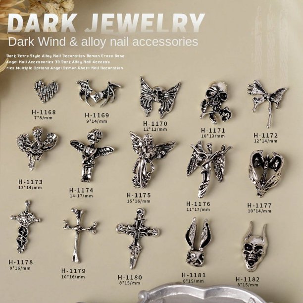30pcs,Halloween Skull Bat Nail Art Charms,Metal Gothic Nail Art Accessories,Retro Angel Cross Nail Art Ornament
