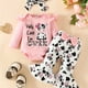 thumbnail image 1 of Cute Cow Print Outfit - Long Sleeve Flutter Sleeve Infant Romper + Bowknot Flared Trousers + Headband Baby Girls 3pcs Set, 1 of 5