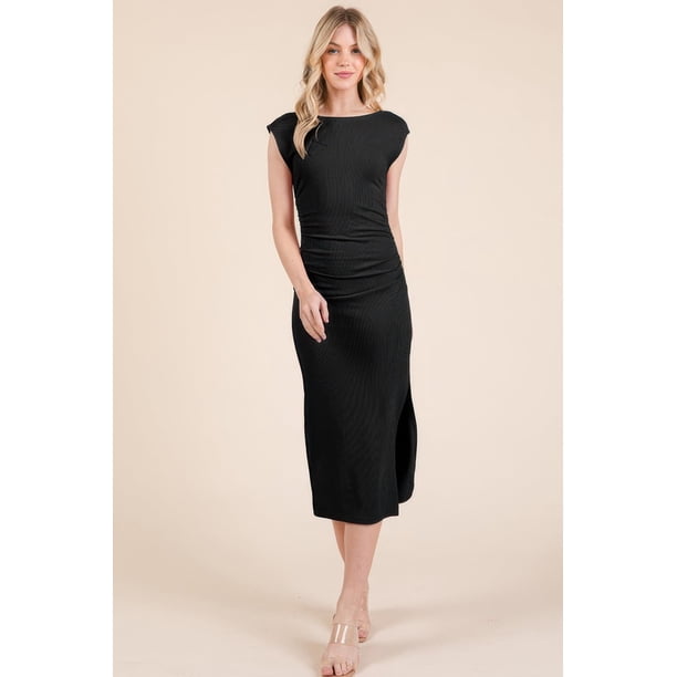 Vestido Midi Con Cuello Barco Espalda Abierta Y Mangas Cortas