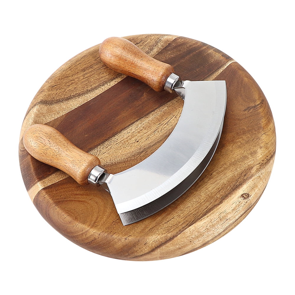 Xusx111 - Tabla De Corte Y Cuchillo - Tabla De Corte De Madera Y Cortadora De Hierbas Curva De 2 Hojas - Tabla De Madera Redonda Y Doble Hoja Rocker Chopper