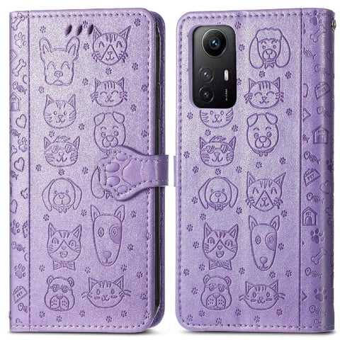 Funda Cartera Foxdock Para Xiaomi Redmi Note 12S , Flip Pu Con Relieve De Gatos Y Perros, Tarjetero Y Soporte