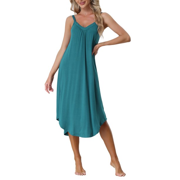 INSPIRE CHIC Vestido de Pijama para Mujer, Ropa de Dormir, Camisón con Tirantes Espagueti, Talla L, Verde Pavo Real