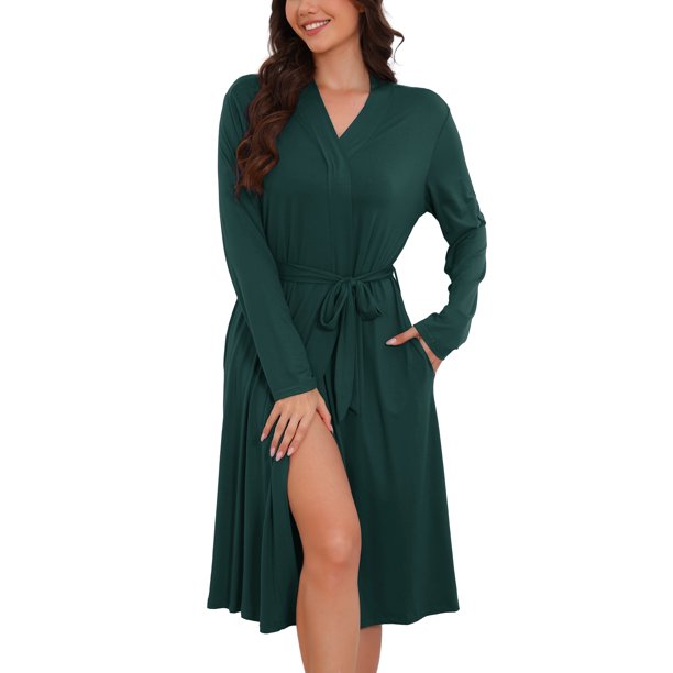 INSPIRE CHIC Bata de Mujer Manga Larga Pijama Cubre Traje de Baño Batas Largas Lazo a Juego Después de la Ducha Playa Casual Ropa de Descanso Suave Bata de Dormir M Verde