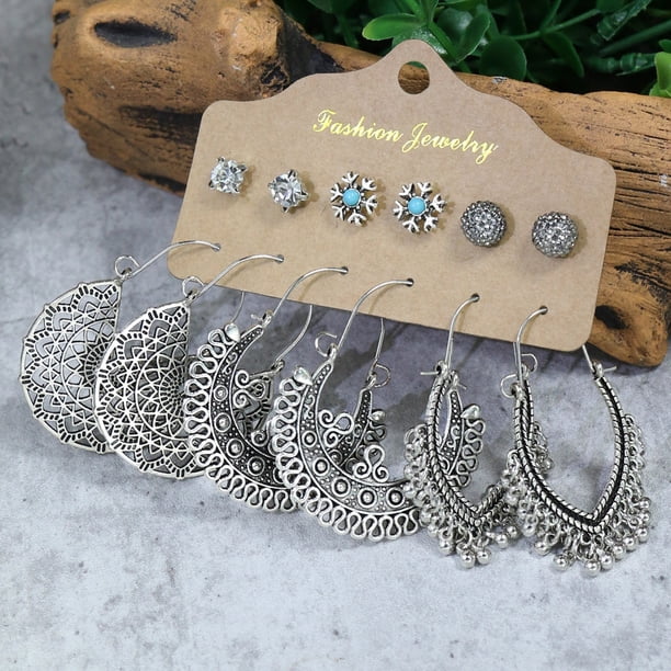 36pairs Vintage Water Droplet Heart Eardrop Turquoise Pine Engraved Stud Earrings - Ancient Silver Geometric Design