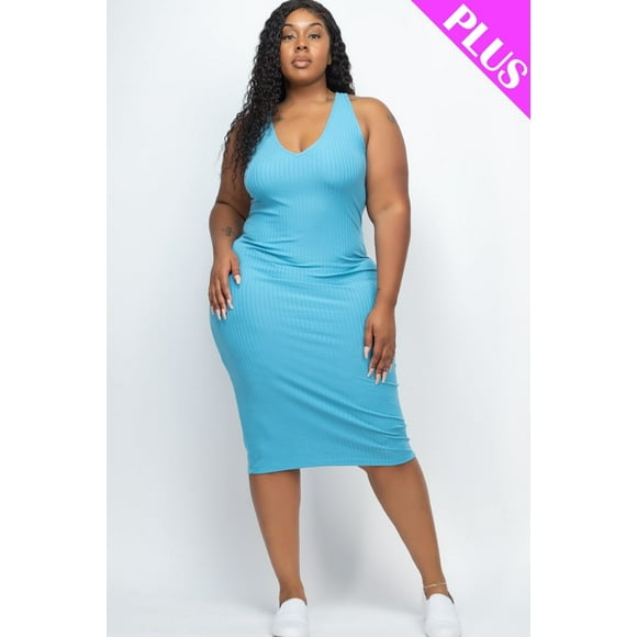 Vestido Ajustado sin Mangas Acanalado en Talla Grande