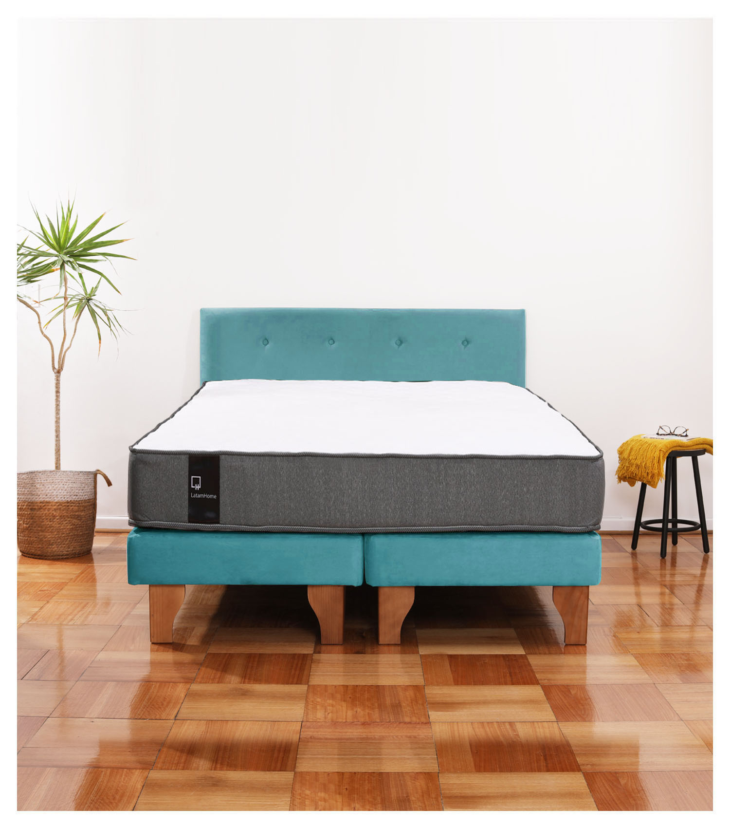 Latam Home - Cama Europea Zen Best 2 Plazas Colchon Resortes Base Dividida + Respaldo Tela Turquesa