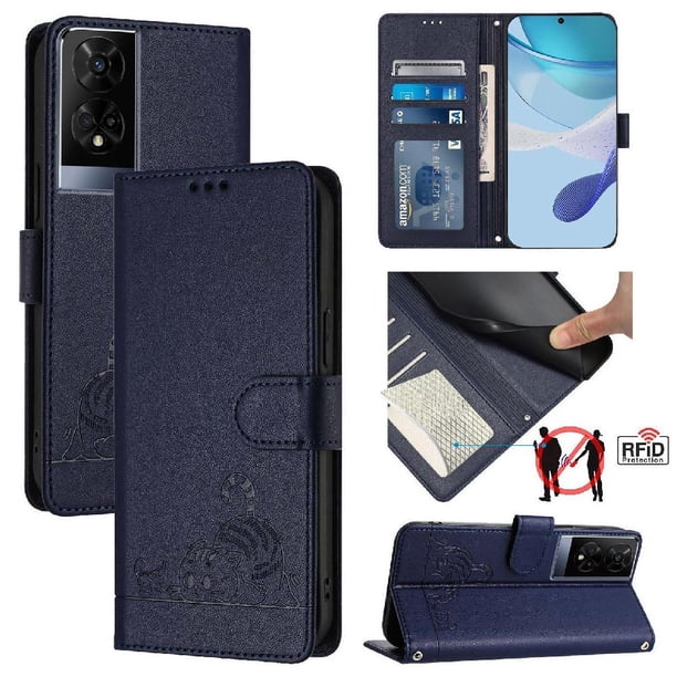 Funda tipo cartera FOXDOCK para TCL 50XE 5G con soporte, ranuras, RFID, diseño de gato