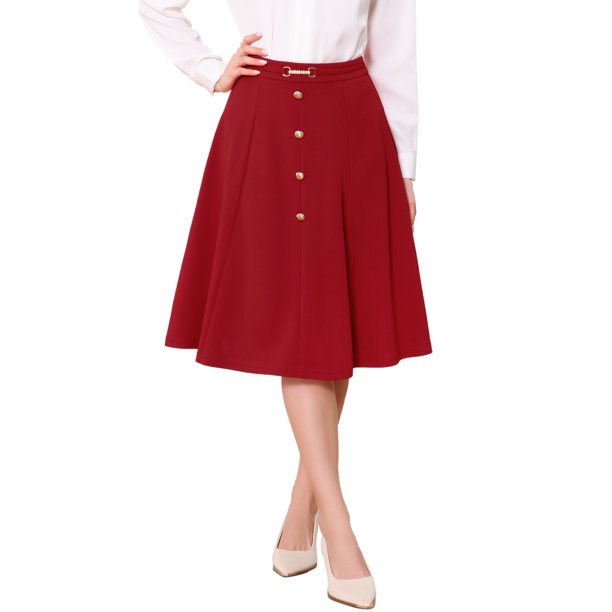 INSPIRE CHIC Falda Midi Plisada Línea A para Mujeres Vintage Trabajo Cintura Alta Falda Acampanada de Negocios XS Rojo