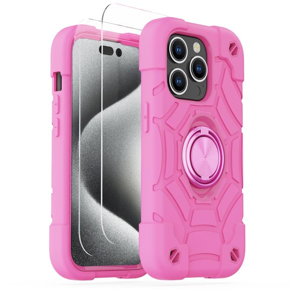 Funda KCJ para iPhone 15 Pro de 6,1" Rosa con Soporte de Anillo Giratorio