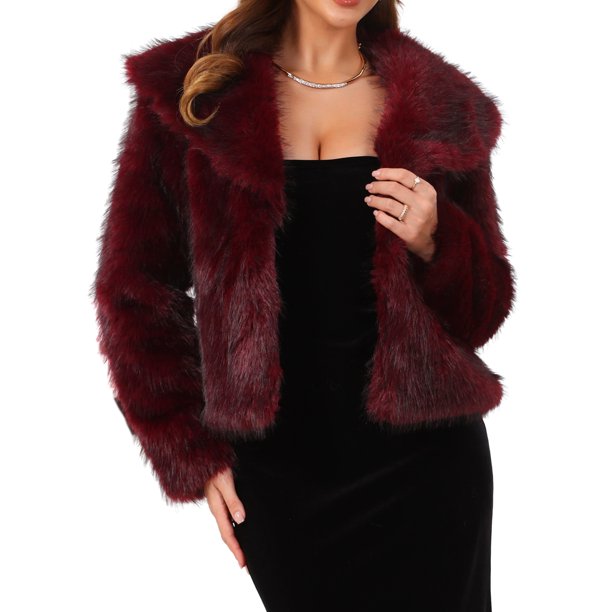Chaqueta de Piel Sintética para Mujer INSPIRE CHIC para Cóctel de Noche con Solapa Abierta Frontal Fluffy Shaggy Crop Coat XL Burdeos