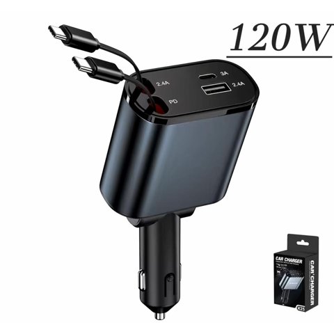 Genérico - Cargador Auto Usb 4 En 1 Con Cables Retractil Negro