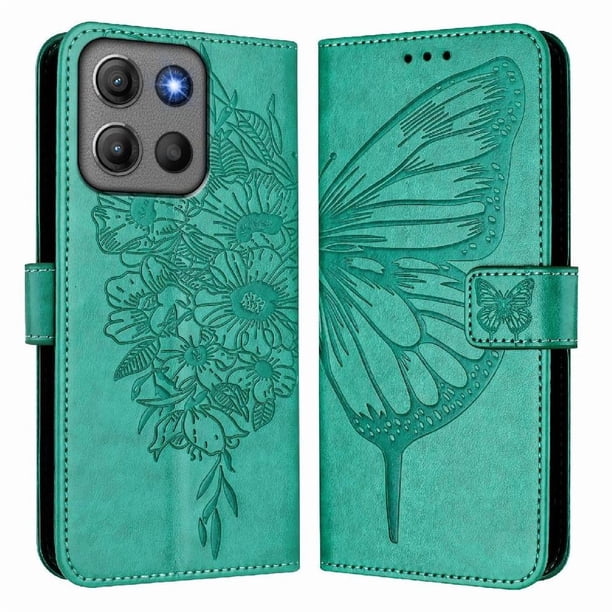 Funda Cartera Mariposa Para Motorola Moto G17 Power Con Soporte Y Ranuras Para Tarjetas Verde