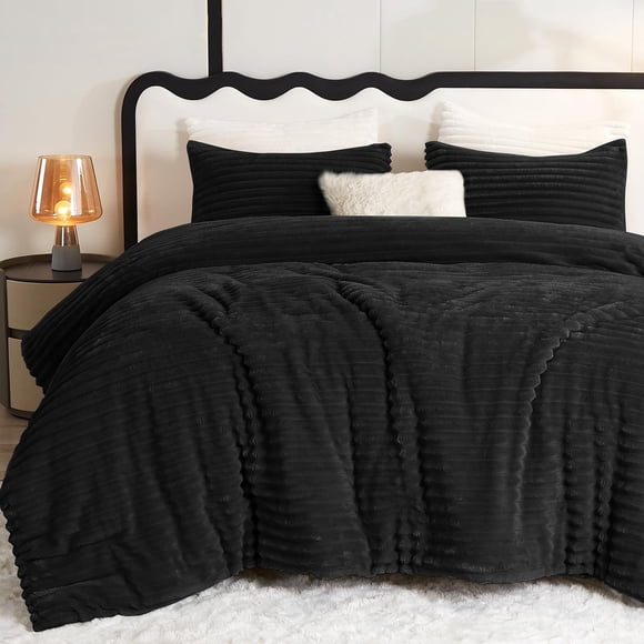 Juego de edredón CozyLux Fluffy Queen Size, negro, 3 piezas