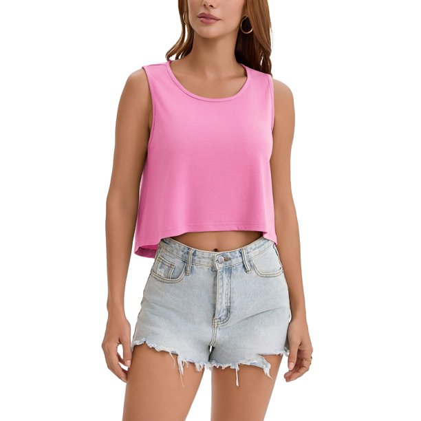 ATHLECHIC Tops cortos altos y bajos para mujeres sin mangas Camiseta de entrenamiento de yoga atlético Camiseta sin mangas suelta Ajuste holgado Camisetas básicas S Rosa fuerte