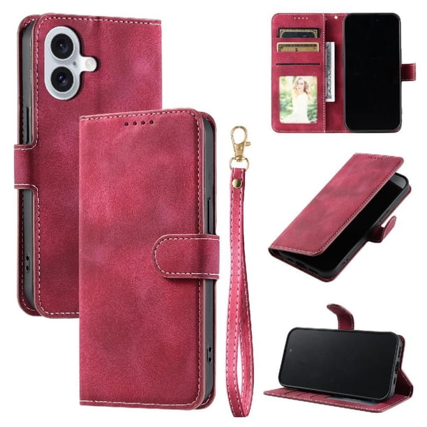 Funda Cartera para iPhone 16 Tapa con Ranuras, Soporte y Correa Rojo