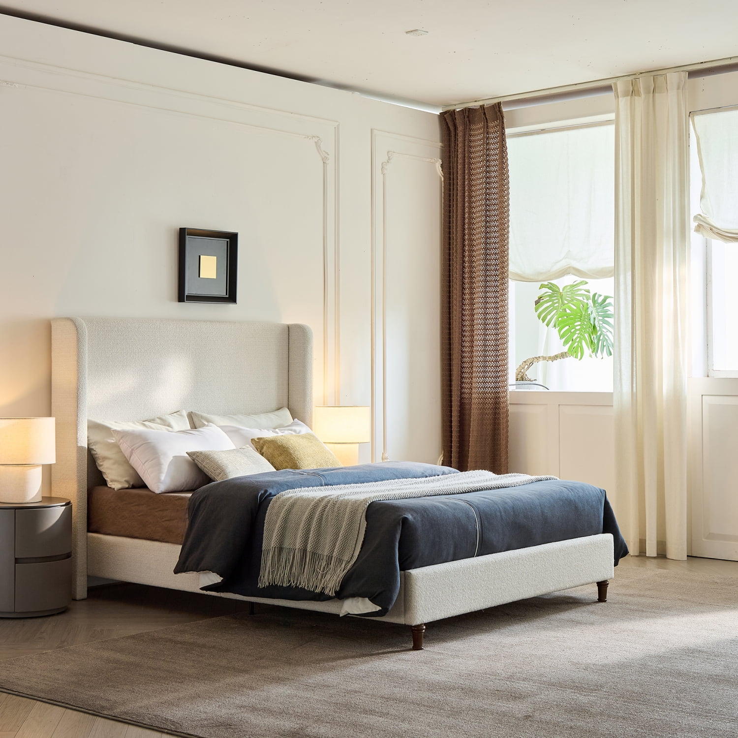 M&ms - Harper Tall Headboard Upholstered Bed / 54" High Headboard / Elegant Simplicity / No Box Spring Needed / Easy Assembly / King / Cream White Boucle