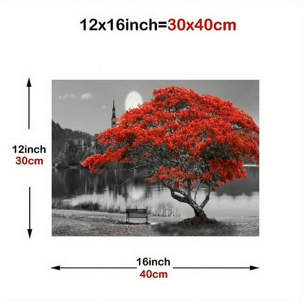 1pc Tree Landscape Wall Art Canvas Lake Moon Painting Red And Black Scenery Picture, Modern Nature Artwork For Living Room Bedroom Bathroom Home Office Wall, No Frame 12x16inch 16x24inch