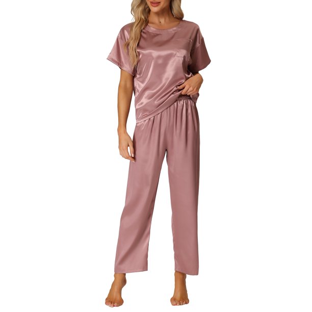 INSPIRE CHIC Conjunto de Pijama de Satén para Mujer Regreso a Clases Camisa de Dormir de Manga Corta Suave con Botones y Pantalones Largos Conjunto de Salón con Bolsillo en el Pecho S Púrpura