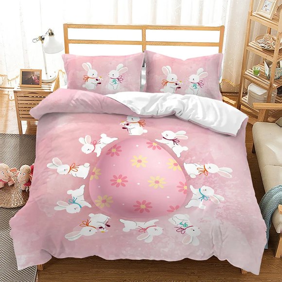 Easter Bedding Set Beautiful Pink Egg Rabbit Bunny For Kids Gift Quilt Cover Polyester Happy Easter Duvet Cover