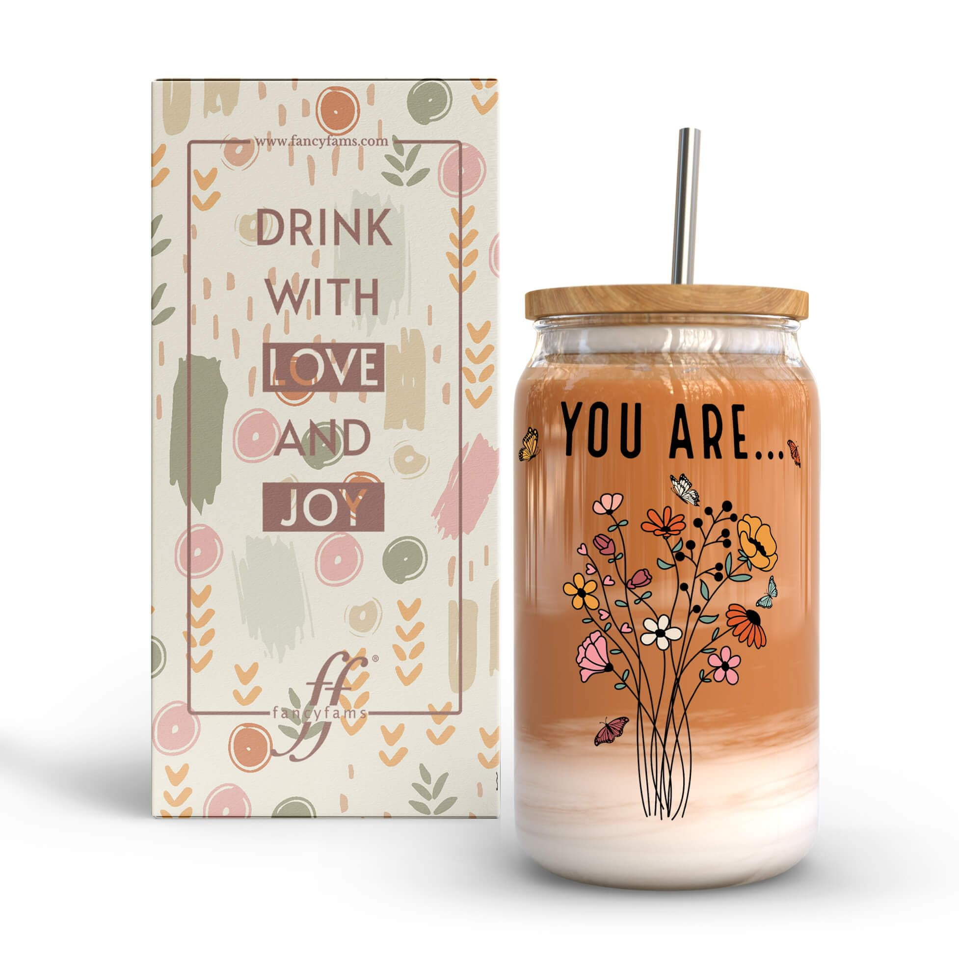 Vaso De Vidrio Fancyfams De 470 Ml Con Tapa De Bambú Y Pajilla De Acero Inoxidable