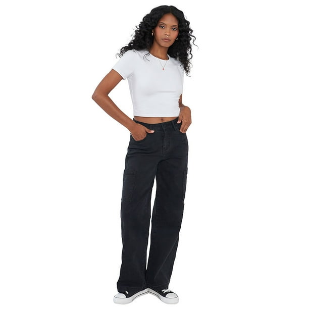 Jeans Mujer Cargo Negro Straight Fit Corona