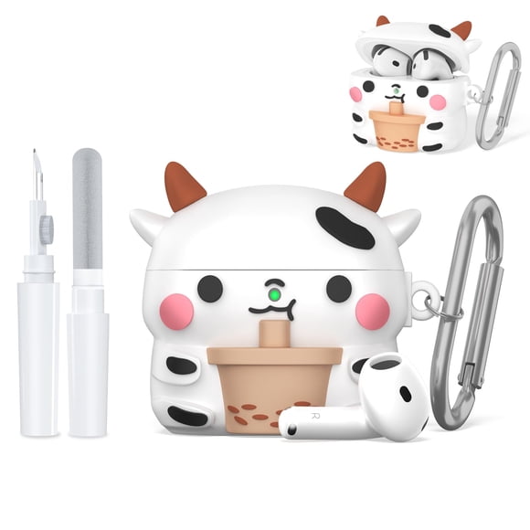 Funda de silicona Nimuw para AirPods 4 con diseño de vaca y mosquetón