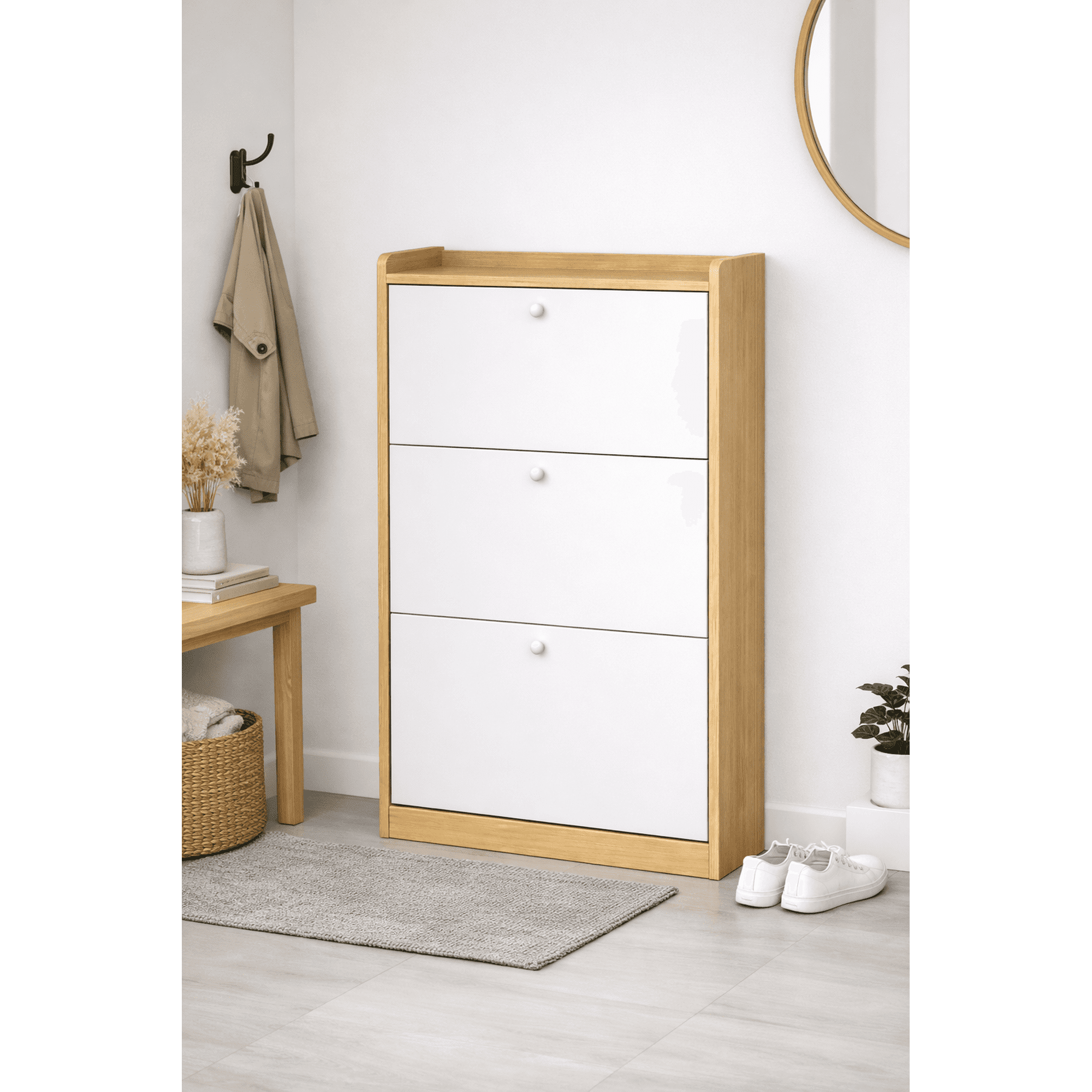 Space Home - Zapatero Compacto Velux Nordic Blanco/madera 18 Pares Mdp 15mm 114×60×24