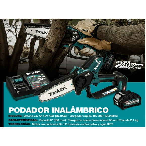 Espada 6” (150 mm) / Tanque de aceite para cadena 55 ml / Peso de 2,1 kg Motor sin carbones BL / Protección contra polvo y agua XP/UC029GD101