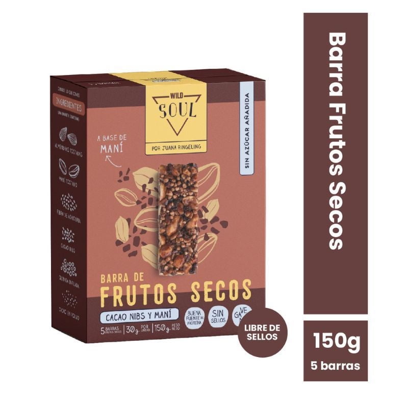 Barra Frutos Secos Cacao Nibs Y Mani 5 Un 150 g Wild Soul