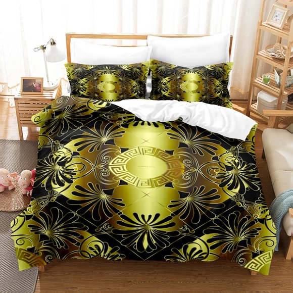 v1134 Bed Sheets Luxury Black Gold Bedding Sets New Greek Key Meander Duvet Cover Sets Bed Linens Queen King Size Modern Geometric Bedspread 3-Piece Bedding Set (1 Duvet Cover + 2 Pillow Shams) Bed Sh