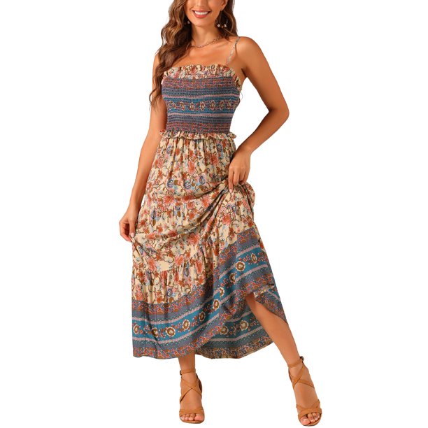 INSPIRE CHIC Vestido Maxi Floral Bohemio para Mujer sin Mangas con Cintura Fruncida y Tirantes Finos S Albaricoque