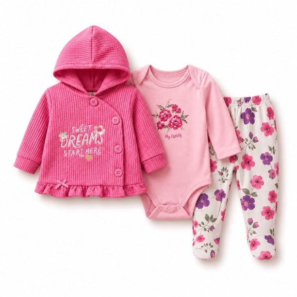 Conjunto De Body + Poleron Manga Larga Y Pantalon De Patitas Niñas Otoño Invierno