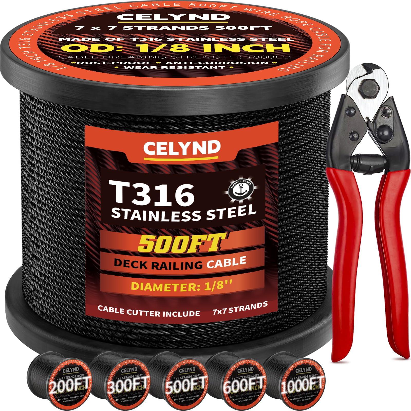 Cuerda De Alambre Celynd De Acero Inoxidable Negro 500ft 1/8 T316
