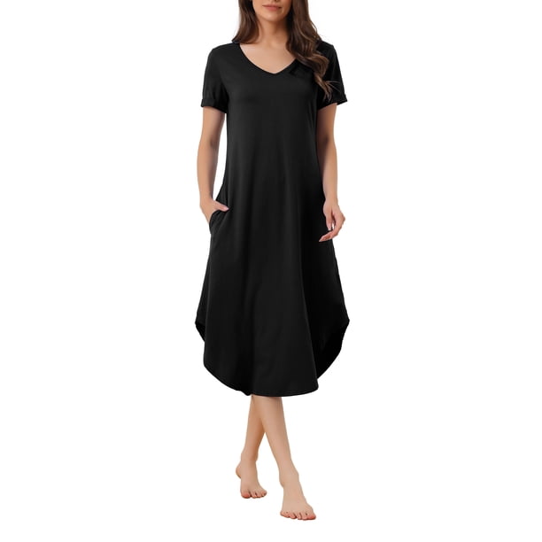 INSPIRE CHIC Camiseta de Noche Larga con Cuello en V y Manga Corta para Mujer, Vestido de Dormir Suave con Tie Dye y Bolsillos Laterales para Primavera Verano XL Negro