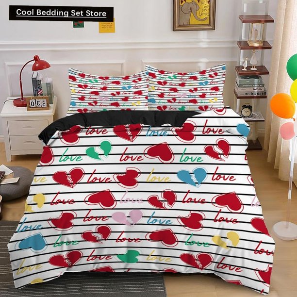x992 Bed SheetsLover Couple Bed Duvet Cover Set Valentine's Day Gift Heart Shape Bedding Set /Polyester Comforter Cover 3-Piece Bedding Set (1 Duvet Cover + 2 Pillow Shams) nj992
