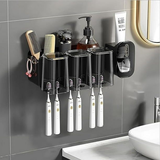 Portacepillos de dientes para baño con dispensador de pasta de dientes, 3 tazas, accesorio de pared