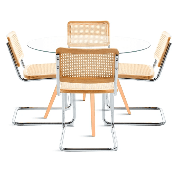 Klik Muebles - Comedor Mesa Eames 80cm Redonda Vidrio + 4 Sillas Breuer Madera