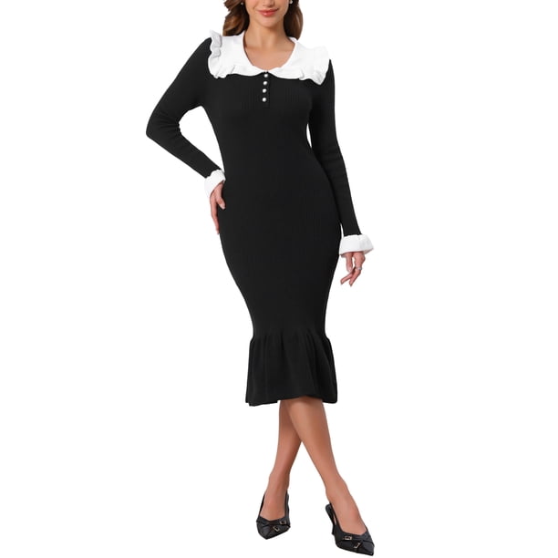 INSPIRE CHIC Vestido de Punto para Mujer Bodycon de Noche Fiesta de Cóctel Cuello con Solapa Vestido Midi de Manga Larga con Cola de Sirena M Negro