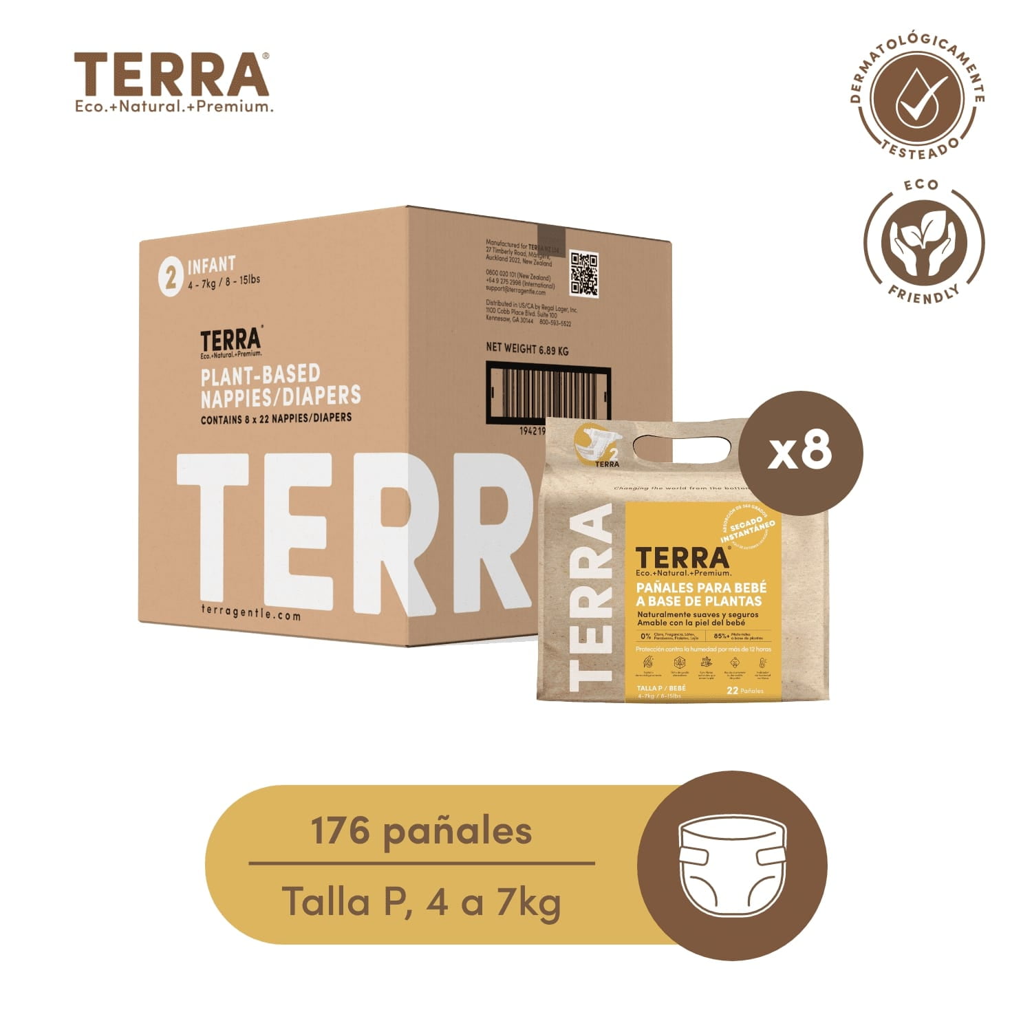 Pañales Biodegradables Terra Caja 8 Paquetes Talla P 176 Uns