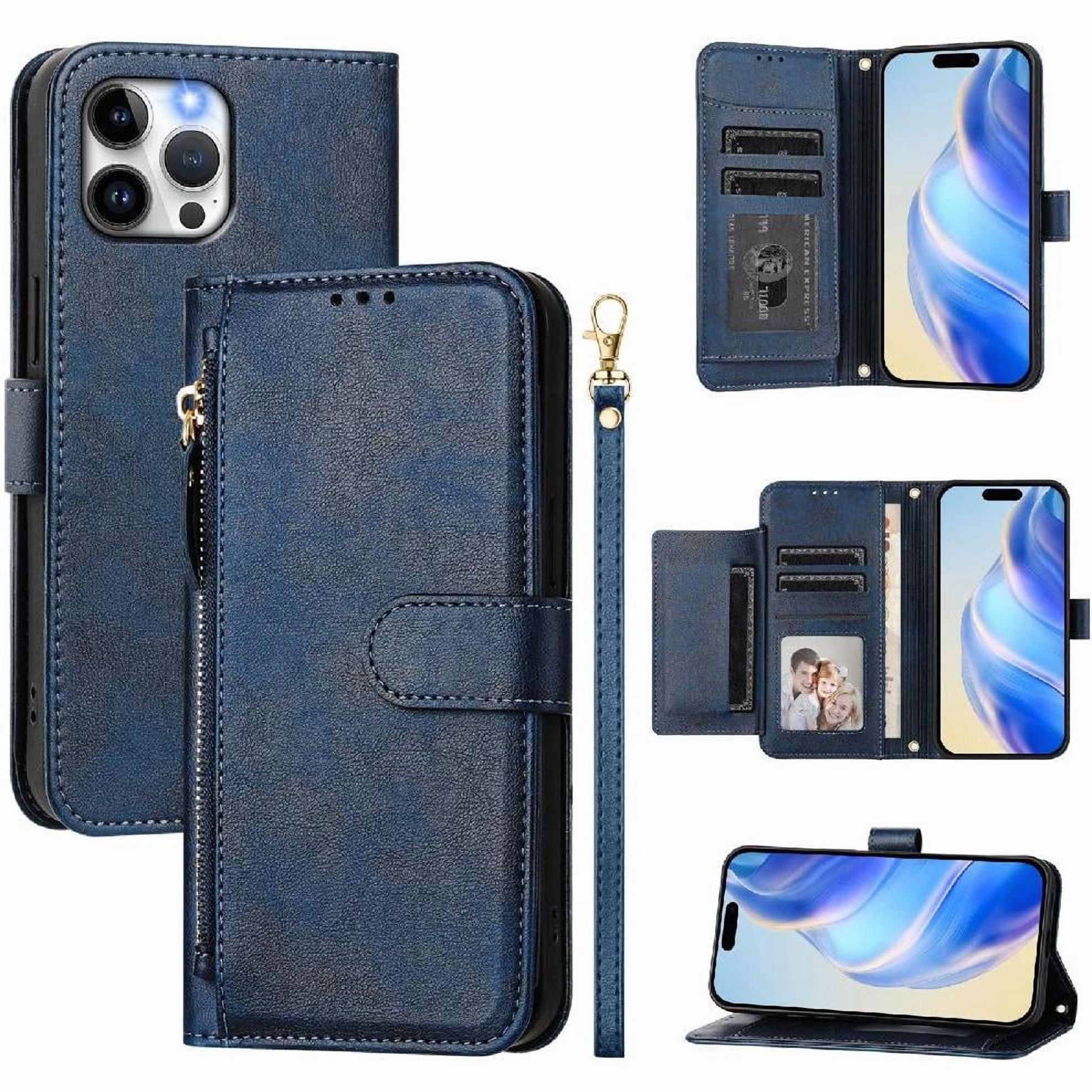 Foxdock - Funda Tipo Cartera Para Iphone 12 Pro Max Con Bolsillo Con Cremallera, Tarjetero, Soporte, Correa Para La Muñeca Y Tapa De Cuero Azul