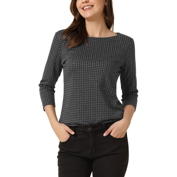 INSPIRE CHIC Blusa de Punto con Cuello de Barco para Mujer, Manga 3/4, Cuadros de Pata de Gallo para Otoño Invierno M Gris Oscuro