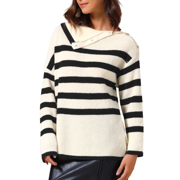 Mujeres Suéteres de Jersey de Manga Larga con Rayas, Cuello con Solapa, Bloque de Color, Blusas Sueltas Casuales M Albaricoque
